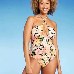 Shade & Shore Multi Yellow Floral Halter Keyhole Bandeau One Piece Swimsuit